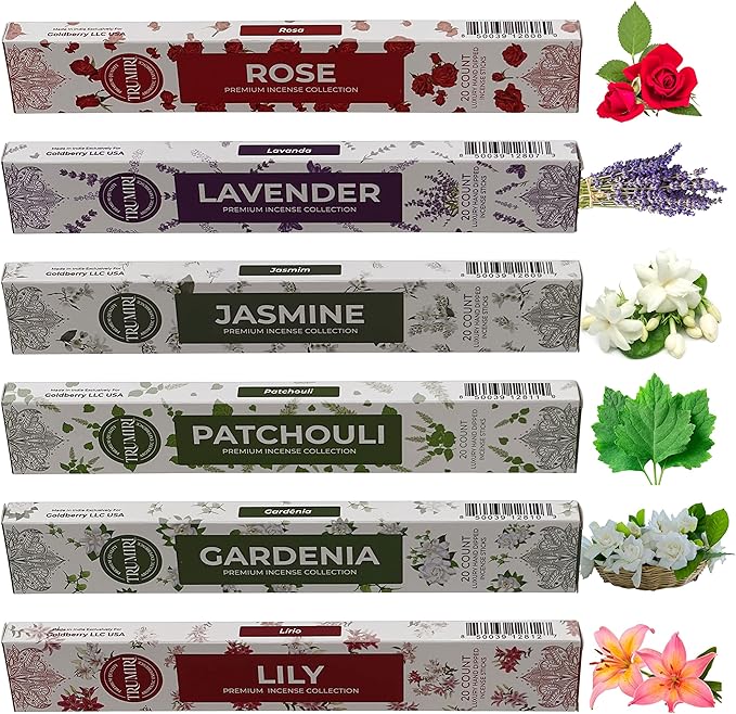 Floral Incense Sticks Variety Pack - 120 Insence-Sticks (6 Incents x 20 Insense) - Rose Lavender Jasmine Patchouli Gardenia Lily - Natural Inscents-Sticks Non Toxic Incienso with Stick Incense Holder