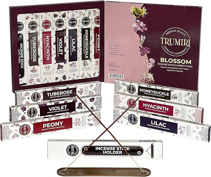 Blossom Incense Sticks Variety Pack - 120 Insence-Sticks (6 Incents x 20 Insense) - Peony Honeysuckle Lilac Violet Hyacinth Tuberose - Natural Inscents-Sticks Non Toxic Incienso + Stick Incense Holder
