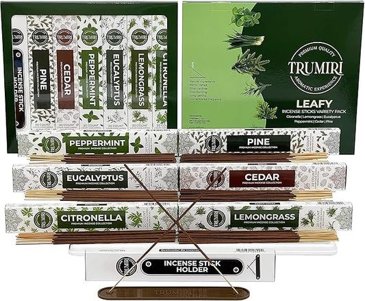 Leafy Incense Sticks Variety Pack - 120 Insence-Sticks (6 Incents x 20 Insense) - Citronella Lemongrass Eucalyptus Peppermint Pine Cedar - Natural Inscents-Sticks Non Toxic Inciensos + Incense Holder