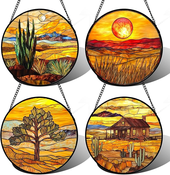 Stained Glass Window Hanging 4 Pcs Set Desert Sunset Theme Landscape Large 15" - Suncatcher Door Garden Sun Catcher Decor Birthday Christmas for Mom Woman Nana Men