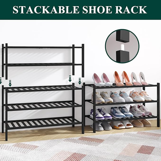 Smiry Bamboo Shoe Rack for Closet, 6 Tier Wooden Stackable Shoe Organizer, Free Standing Shoes Storage Shelf for Entryway, Front Door Entrance, Black