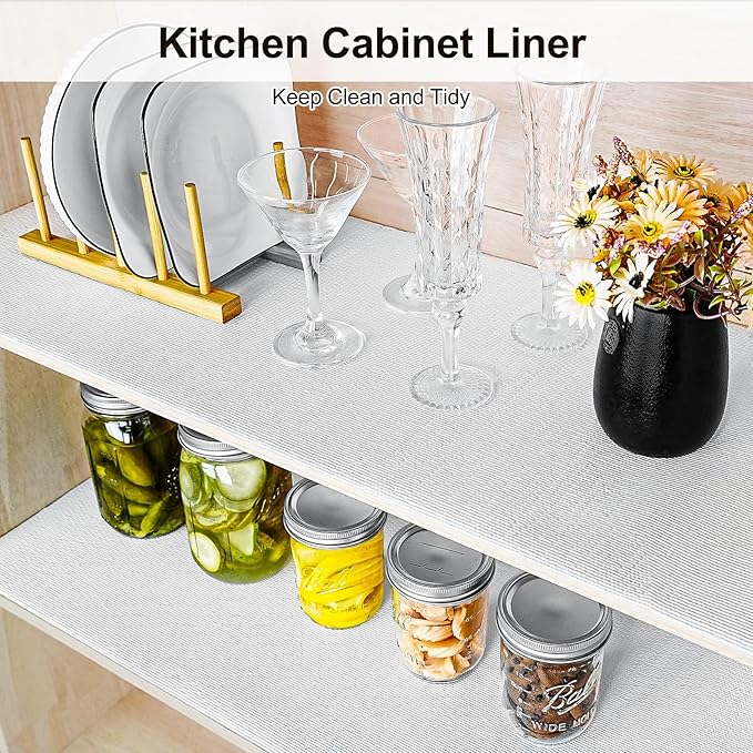 Drawer and Shelf Liner for Kitchen Cabinet,Non-Adhesive Cabinet Liner 12in x 20FT,Waterproof Shelf Paper Non-Slip Mats Cupboard Liners Contact Protect Dresser/Shelves/Table-White