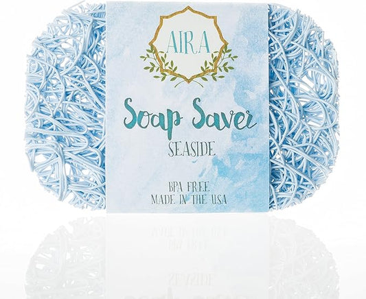 Aira Soap Saver - Soap Dish & Soap Holder Accessory - BPA Free Shower & Bath Cleanser Holder - USA Made - Drains Water, Circulates Air, Extends Life - Easy to Clean, Fits All Dish Sets - Seaside
