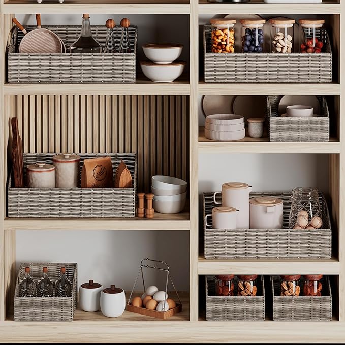 Ollieroo Rattan Storage Baskets, Handwoven Wicker Storage Bins with Built-in Handles, Storage Container Baskets for Shelves, Bedroom, Bathroom, Laundry Room or Kitchen (Grey)