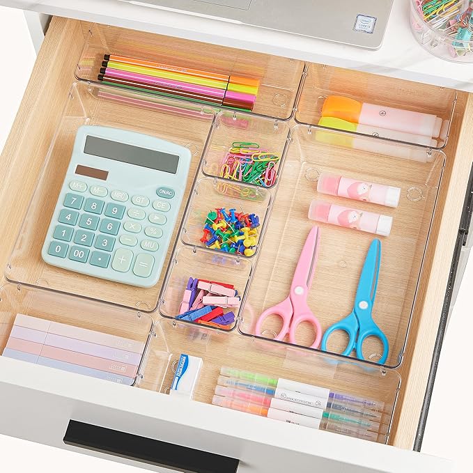 Vtopmart 66 PCS Clear Plastic Drawer Organizer Bins, 4-Size Versatile Bathroom and Vanity Organizer Trays, Acrylic Storage Containers for Makeup, Jewelry, Toiletry, Kitchen Utensils and Office Supply