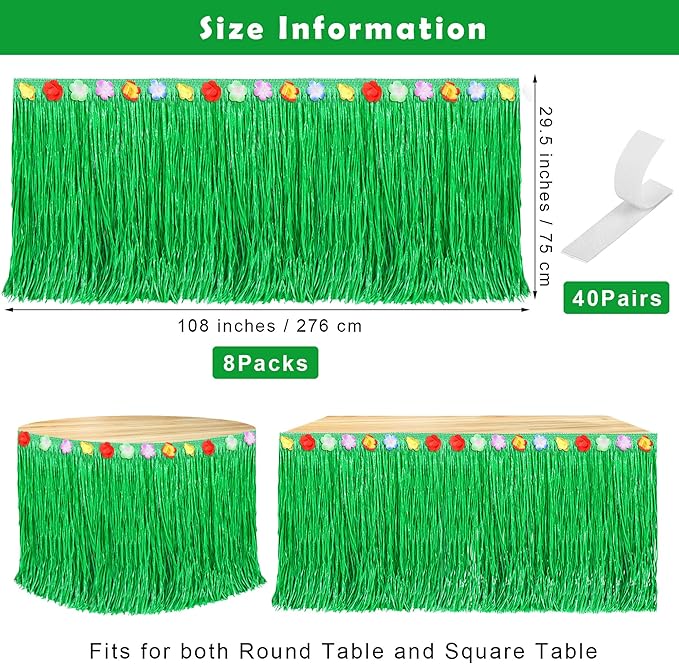 Fovths 8 Pack Luau Grass Table Skirt Natural 9 Feet x 29.5 Inch Hawaiian Table Skirt for Tropical Hawaiian Party Decorations Luau Party Costume Party, Green