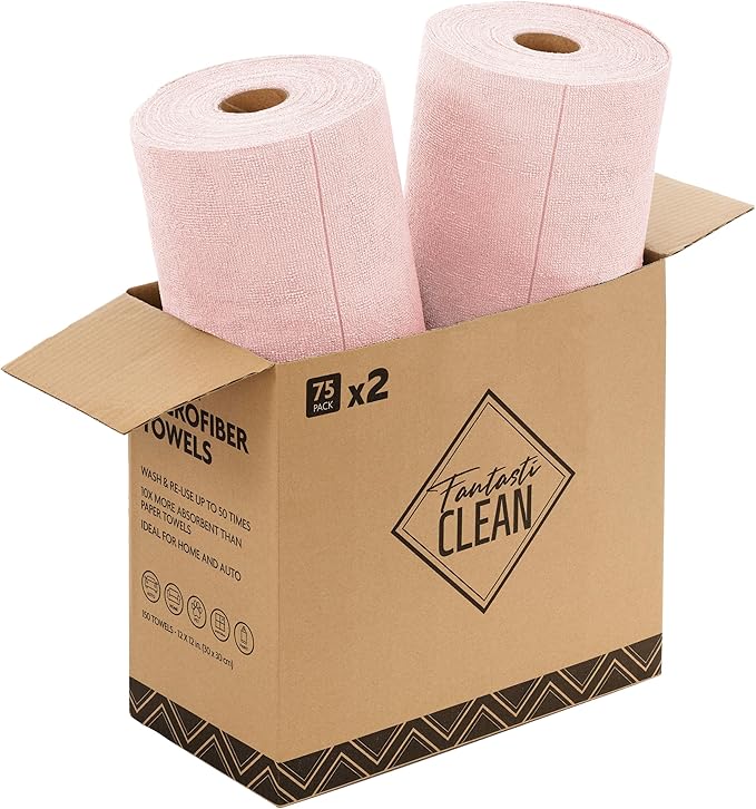 Fantasticlean Microfiber Cleaning Cloth Roll - 150 Pack, Tear Away Microfiber Towels, 12" x 12", Reusable, Washable, Ultra Absorbent Dishcloth for All-Around Cleaning Supplies (2 Rolls of Pink)