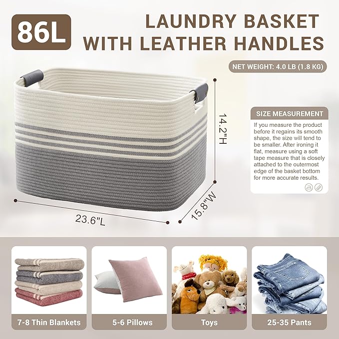 SunNewt 86L Extra Large Laundry Basket with Leather Handles for Living Room Storage, Woven Rope Baskets for Blanket, Kids Toy, Gifts, Wicker Hamper for Bedroom Dirty Clothes, 24"x16"x14" White Grey