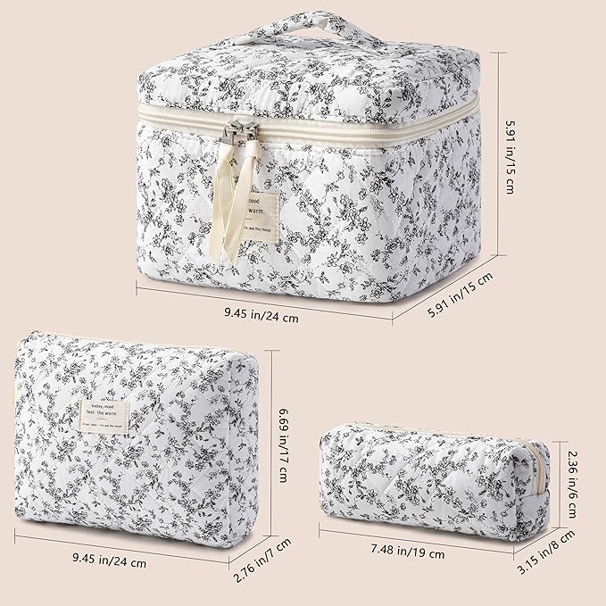 HBselect Quilted Makeup Bag, 3PCS Cotton Large Travel Makeup Bag, Cute Floral Coquette Makeup Bag Cosmetic Bag Toiletry Bag for Women Girls