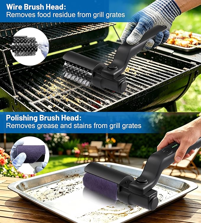 Electric Grill Brush 2-in-1 Automatic Grill Cleaner with Adjustable Angle, Includes 3-Speed Power Motor Stainless Steel & Scouring Pad Heads, Waterproof Cleaning Tool for for BBQ Grates & Griddles