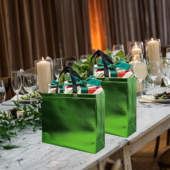 cabzymx Light Green Reusable Gift Bags 15 Pcs, 12.6 x 4.7 x 11 In Non-woven Party Gift Bags Bulk with Sturdy Bases for Birthday, Wedding, Christmas, Holiday