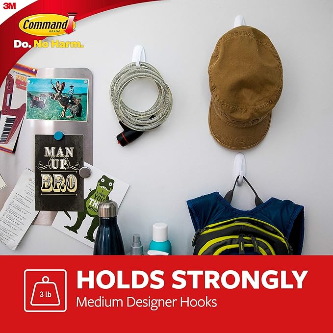 Command Medium Designer Hooks, 2 Hooks and 4 Command Strips, Damage-Free Hanging Wall Hook with Adhesive Strips, No Tools Great for Hanging, Organization and Storage, Holds up to 3 lb