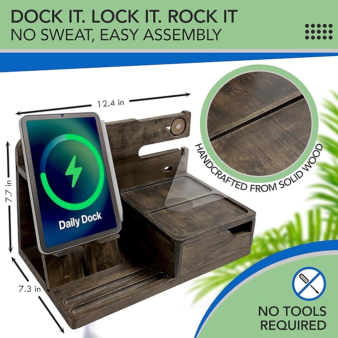 Nightstand Organizer- Bedside Docking Station for Men- Unique Gifts for Husband, Father or Dad from Wife, Son or Daughter- Desk Organizer for Phone, Watches, Wallet & Accessories (Rustic)