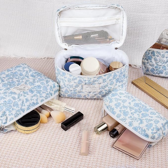 Gosect 3PC Makeup Bag Set, Cute Cosmetic Bag for Women Girls, Floral Coquette Aesthetic Toiletry Bag, Travel Make Up Organizer Bag (Blue Check)