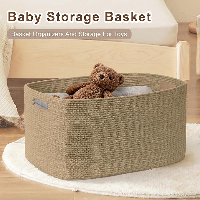 SunNewt 100L Extra Large Wicker Laundry Basket for Living Room Storage, Boho Woven Cotton Rope Baskets for Kids' Toys, Gifts, Square Blanket Hamper for Bedroom Dirty Clothes, Jute