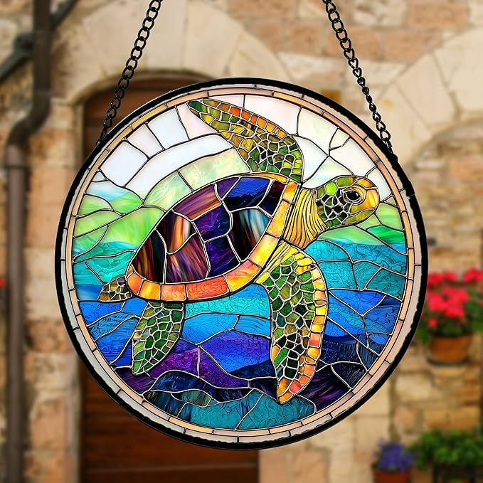 Stained Glass Window Hanging, Colored Turtle Ocean Suncatcher Diamond Glass Panel Hangings Marine Life Sun Catchers Decor for Birthday for Women, Men, Wife, Aunt, Mom 9.8 in