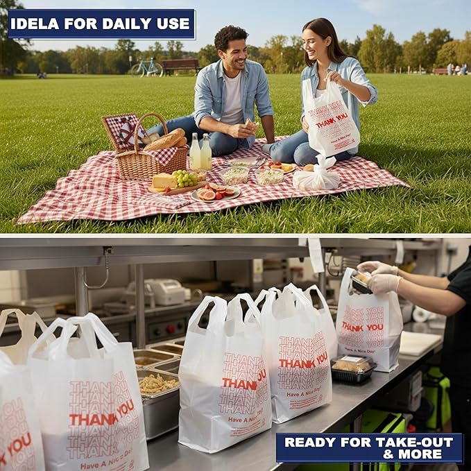 YoYoRain White Thank you T shirt bag, Grocery shopping bag Reusable and Disposable Supermarket Bag 11''x6''x21'' 100PCS