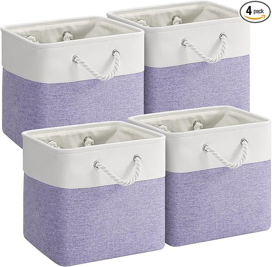 VQRTEXA 12 x 12 Inch Cube Storage Bins, 4 Pack Fabric Storage Basket with Handles, Foldable Boxes Organizer for Shelf Baskets for Home, Clothes (White/Purple)