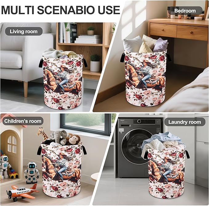 Western Girl Floral Laundry Basket Laundry Hamper With Handles Collapsible Laundry Baskets Storage Basket For Room Bathroom Bedroom Decor