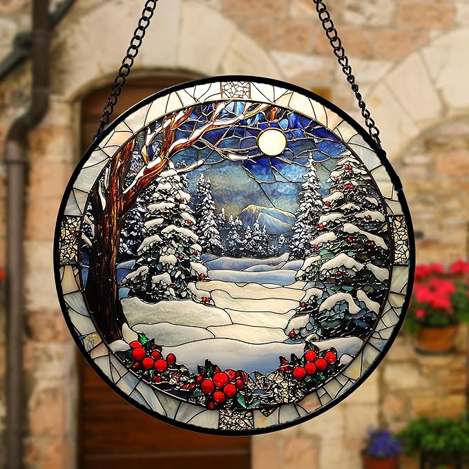 Stained Glass Window Hanging Christmas Tree Winter Snow Night Scenery 9.8" - Suncatcher Door Garden Kitchen Sun Catcher Home Decor Birthday for Mom Men Woman Friend