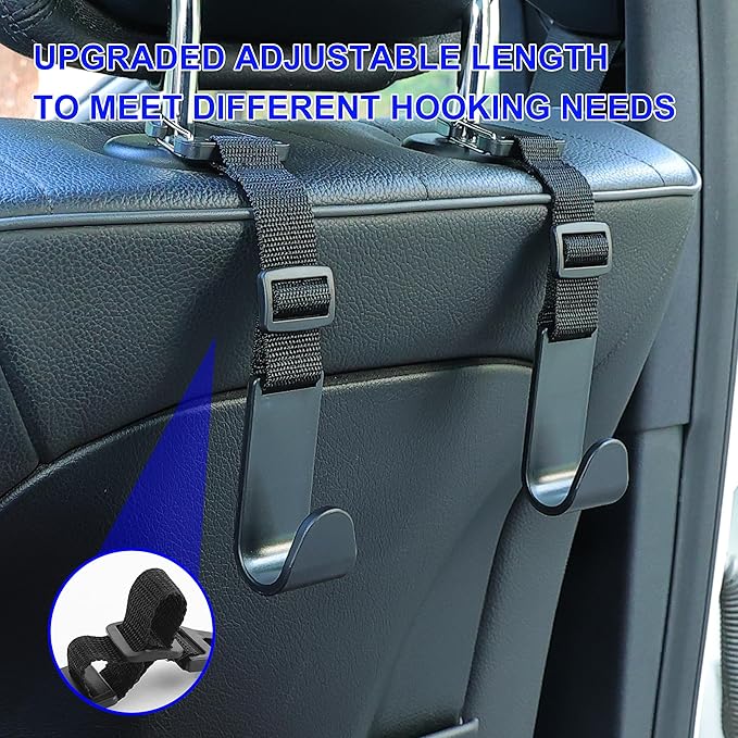 Amooca Headrest Hooks for Car, Adjustable 4 Pack Vehicle Seat Back Organizer Storage Hanger Holder for Purse Bags, Universal Fit with Clip, Black
