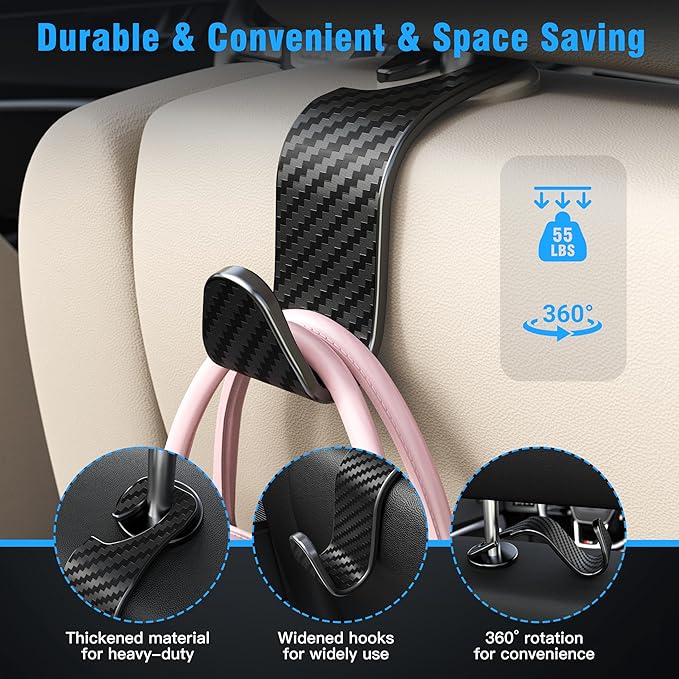 Amooca 4-Pack Car Headrest Hooks Vehicle Storage Organizer for Purses Handbags Groceries Coats –Holds 55lbs 360° Rotating Simple Design Black Checkered