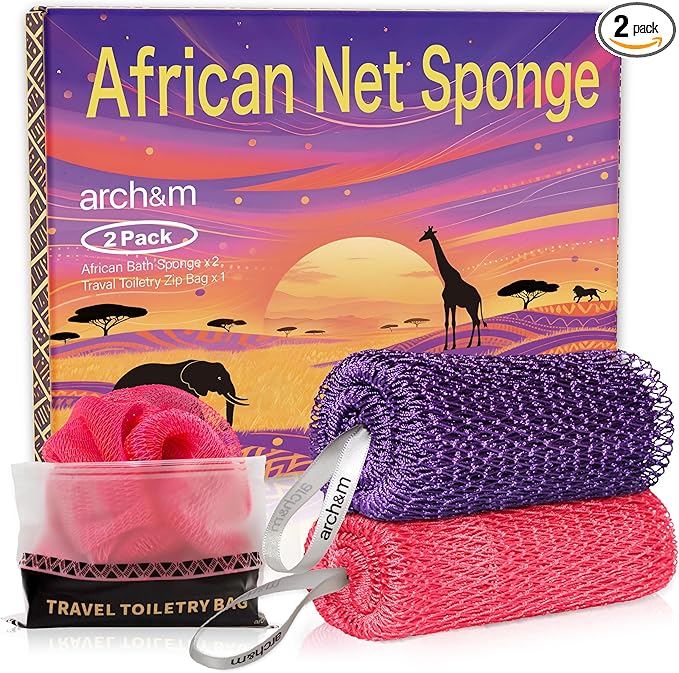 African Net Sponge Authentic Exfoliating - Exfoliating Body Scrub Bath Sponge Back Scrubber Washcloth for Shower Toiletry Bag Real Afroscrub Exfoliator Bathing Care Accessories Purple + Pink ARCH&M