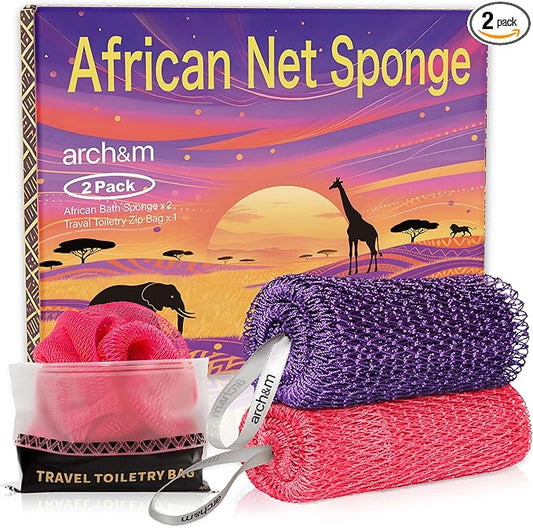 African Net Sponge Authentic Exfoliating - Exfoliating Body Scrub Bath Sponge Back Scrubber Washcloth for Shower Toiletry Bag Real Afroscrub Exfoliator Bathing Care Accessories Purple + Pink ARCH&M