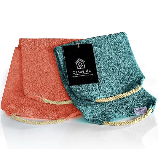 CASAVIDA Back Scrubber for Shower Nylon Bath Towel Washer Exfoliating Washcloth Rear Japanese Stretchable Strap Wash Cloth Body Exfoliation 2 Pack (Rose Pink + Lake Blue)