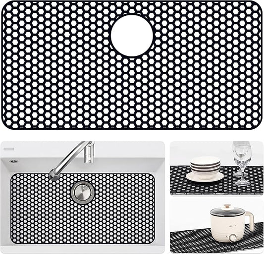 Silicone Sink Protectors for Kitchen Sink with Rear Drain - 28.3"x 15.7" Kitchen Protector Accessory, Non-Slip Heat Resistan Mat for Bottom of Farmhouse Stainless Steel (Rear Hole, Black)