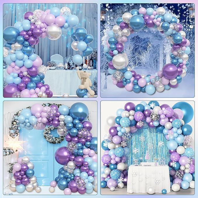 Amandir 153pcs Blue Purple Balloon Garland Arch Kit, Different Sizes 18 12 10 5 inch Blue Purple Pearlescent Metallic Confetti Snow Balloons for Princess Winter Wonderland Girl Baby Party Decorations