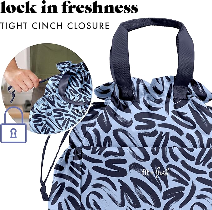 Fit & Fresh Cromwell Drawstring Lunch Bag for Women, Complete Lunch Set with 4 Containers, Stain-Resistant, Leak-Resistant, Back to School Essential, Teacher Lunchbox, Navy Brush Strokes