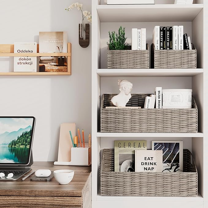 Ollieroo Rattan Storage Baskets, Handwoven Wicker Storage Bins with Built-in Handles, Storage Container Baskets for Shelves, Bedroom, Bathroom, Laundry Room or Kitchen (Grey)