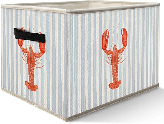 Blue Coastal Beach Lobster Storage Bins Box with Handles, Blue Striped Ocean Lobster Collapsible Fabric Storage Basket Box Organizer for Bedroom Bathroom Clothes Toys Books