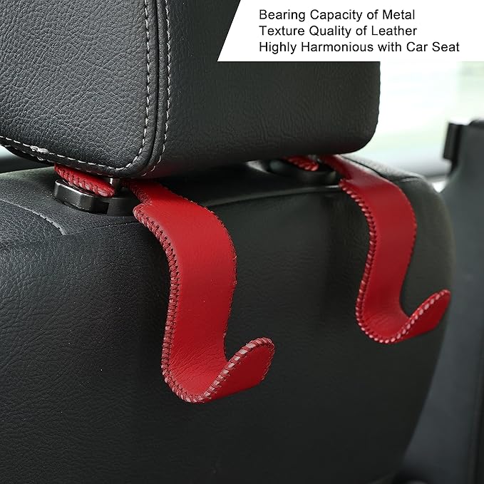 Amooca Car Seat Headrest Hook, Universal Vehicle Storage Hanger, Leather with Metal Car Seat Back Organizer for Handbag, Purse, Coat, Wine, 2 Pack