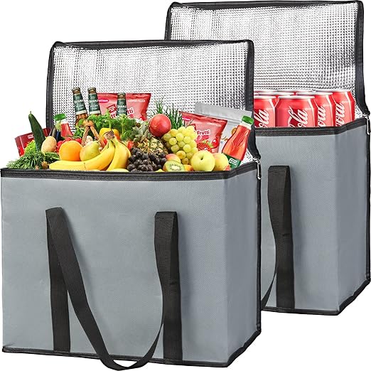 Insulated Grocery Shopping Bags, X-Large Food Delivery Bag for Delivery Drivers, Reusable Tote Cooler Bag for Travel, Dark Gray, 2-Pack