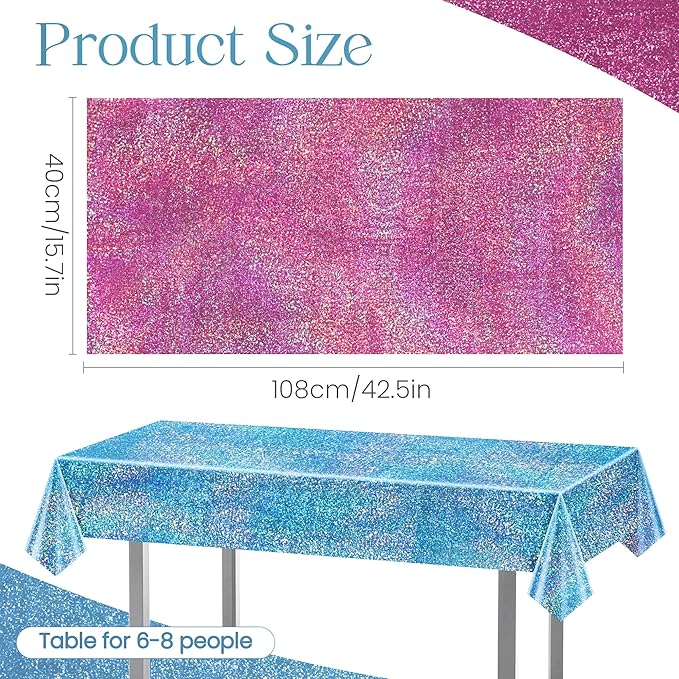 Just Shimmer Sparkling Holographic Laser Tablecloth - Shimmering, Waterproof, Easy to Clean - Ideal for Bachelorette, Birthday, Wedding, and Anniversary Party Decorations (Pink & Light Blue, 2)
