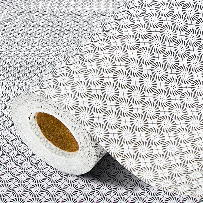FIFTY FEET 12"x120" Non-Adhesive Shelf Liner for Kitchen Cabinets and Drawers, Washable Non-Slip PVC Cabinet Liner (Black Circle)(4 Roll)