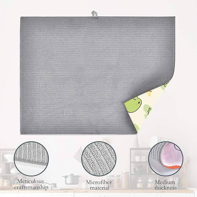 UIUPRO Cute Green Frog Dish Drying Mats 18x24 Inch, Dish Pad Drying Rack Mat for Kitchen Counter Ultra Absorbent Microfiber Dishware Coffee Maker Bar Countertop Decor