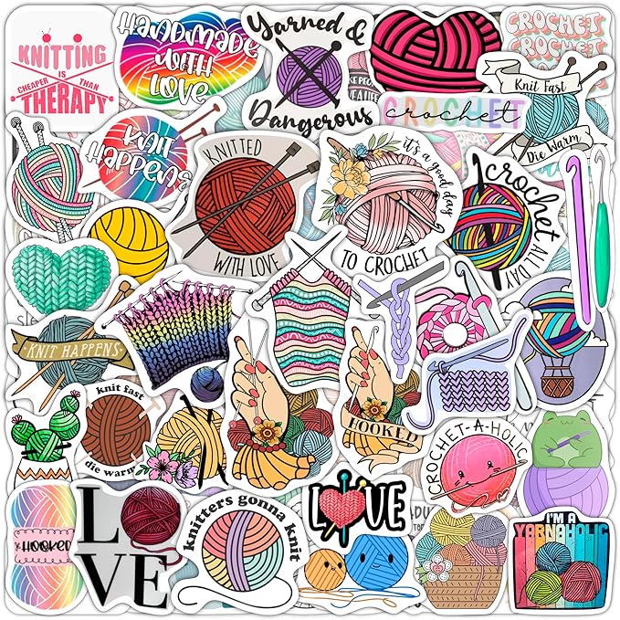 BulbaCraft 100Pcs Crochet Stickers and Knitting Stickers for Water Bottle and Laptop - Waterproof Vinyl Yarn Decals Laptop Decals, Gifts for Women & Men