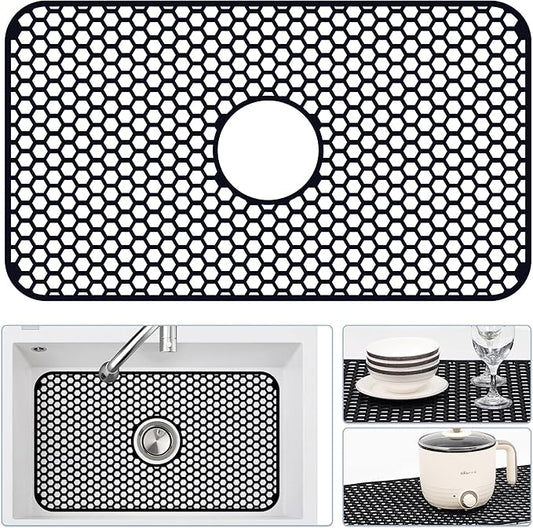 Silicone Sink Protectors for Kitchen Sink with Center Drain, 26"x 14" Kitchen Grid Accessory, Non-Slip Heat-Resistant Mat for Bottom of Farmhouse Porcelain Stainless Steel (Center Hole,Black)