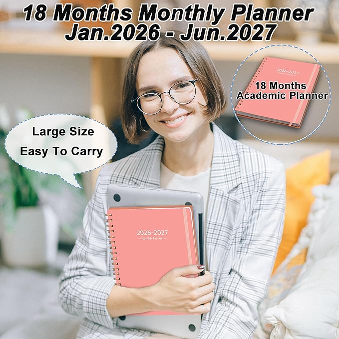 Monthly Planner 2026-2027 (7.6'' x 9.6''), 18 Months Monthly Planner from Jan 2026-Jun 2027, Calendar 2026 Planner with Tabs & Pocket, Pink
