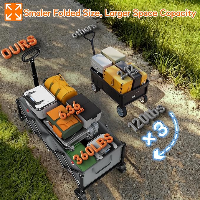 35" L Extra Long Wagons Carts Foldable, 360LBS Heavy Duty Collapsible Wagon with Wheels, Folding Wagon Portable Utility Cart for Groceries, Shopping, Camping, Sports