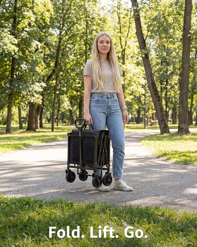 Collapsible Wagon Cart with Wheels - 300LBS Heavy Duty Folding Wagon for Groceries Shopping Outdoor Apartment Portable Foldable Utility Grocery Trolley, Black, XL