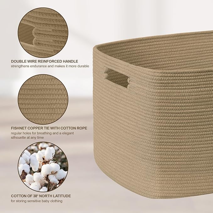 SunNewt 100L Extra Large Wicker Laundry Basket for Living Room Storage, Boho Woven Cotton Rope Baskets for Kids' Toys, Gifts, Square Blanket Hamper for Bedroom Dirty Clothes, Jute