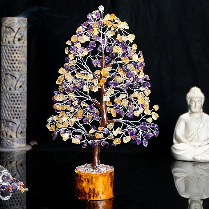 Amethyst & Citrine Crystal Tree of Life - Chakra Tree for Positive Energy, Handmade Gemstone Feng Shui Decor - Good Luck Money Bonsai, Healing Crystals Decoration Ornament, Spiritual Gift