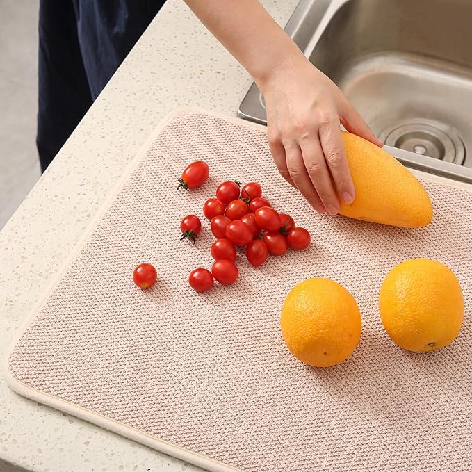 VESHE 2 Pack Microfiber Dish Drying Mat for Kitchen Counter, Ultra Absorbent Dish Drainer Mat, Dish Drying Pad, Dish Rack Mat 20×15 Inch (Beige)