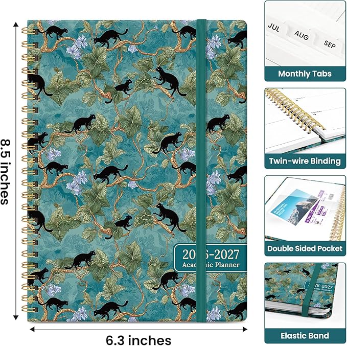 Planner 2026-2027, Academic Year Weekly and Monthly Calender Planner, from Jul 2026 - Jun 2027, Spiral Bound School Planning Book, Perfect for Teacher, Student, Women & Men, A5 (6.3" x 8.5"), Cats in Vine
