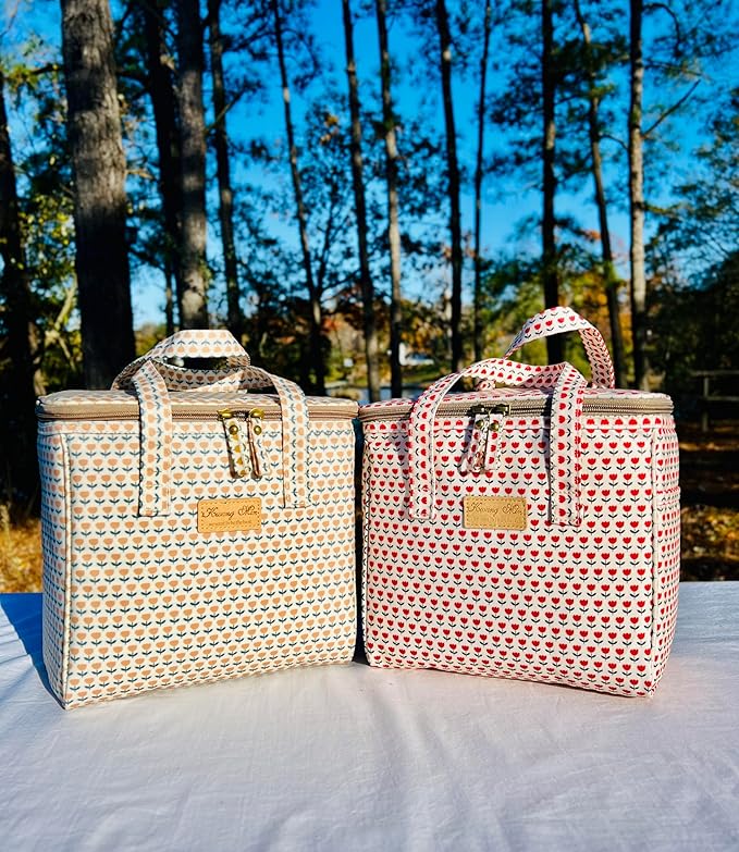 Kwang Min Floral Insulated Lunch Bag for Women,Reusable Lunch Box,Large Cooler for Office,Picnic Outdoors,Premium Quality Waterproof Fabric,Ideal Gift for Outdoors and work (Red Tulips)