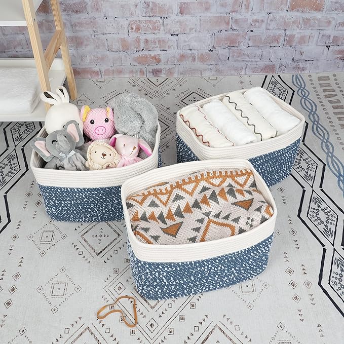 XUANGUO White and Blue Cotton Rope storage Basket Bins Woven Basket for Organizing Shelves 15X10X9.3“ Rectangle Decorative Baskets For storage Books Towels Wicker Nursery basket organizer Set of 3